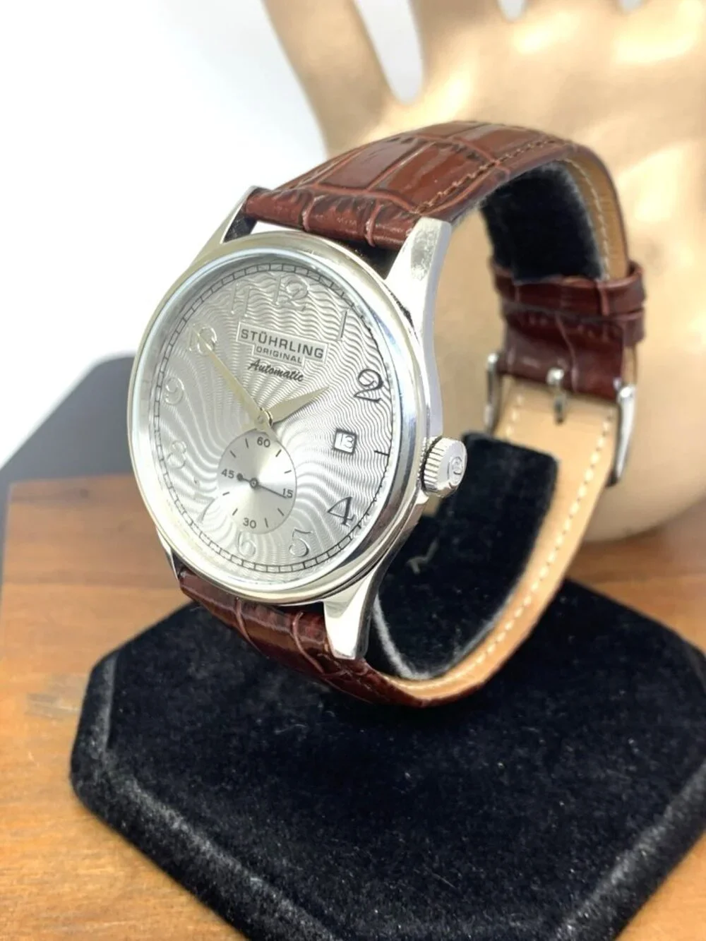 Stuhrling Men's Watch 171 Automatic Gray Dial Silver Brown Leather Band 40mm